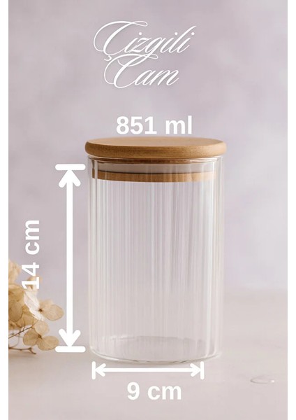 6'lı Çizgili Cam Baharatlık Seti – Hava Geçirmez Bambu Vakum Kapaklı Kavanoz Seti 850 ml