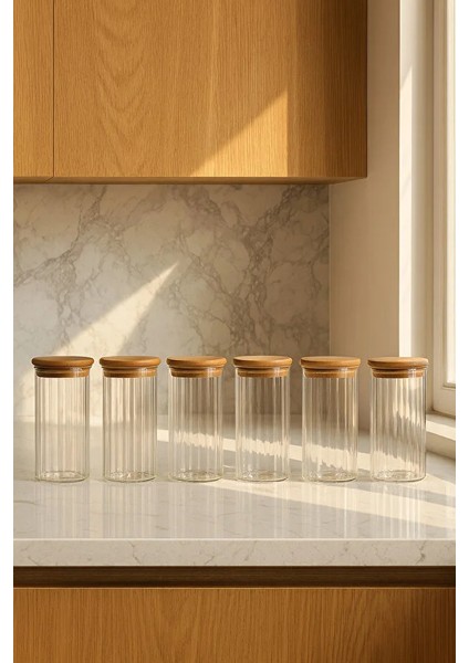 6'lı Çizgili Cam Baharatlık Seti – Hava Geçirmez Bambu Vakum Kapaklı Kavanoz Seti 850 ml