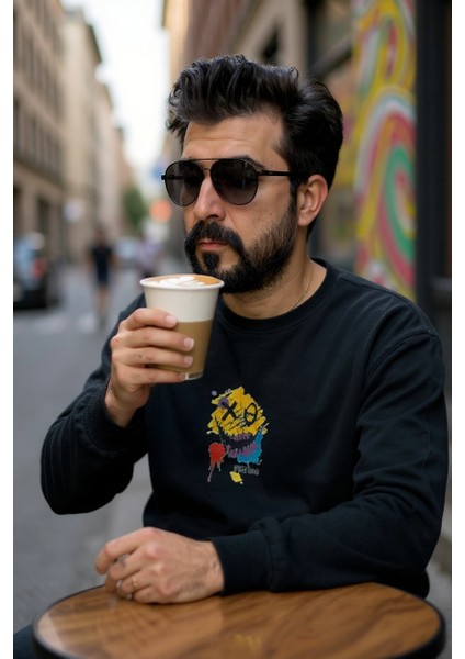 Siyah Bisiklet Yaka Erkek Baskılı Sweatshirt