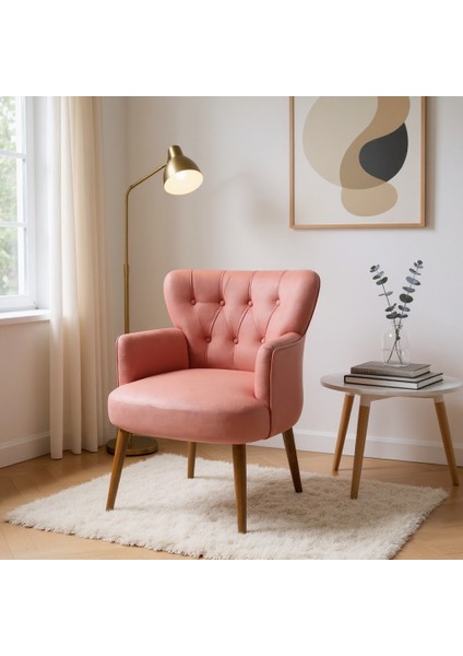 Roma Berjer Modern Tekli Koltuk -Babyface Kumaş - Ahşap Demonte Ayak - Somon Renk