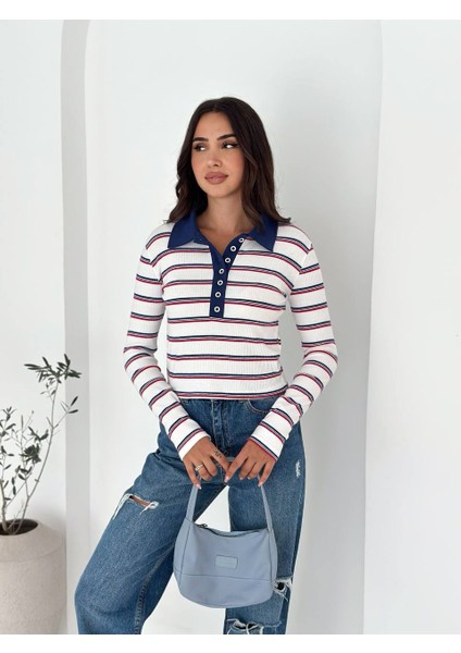 Polo Yaka Çizgili Yumuşak Kazak