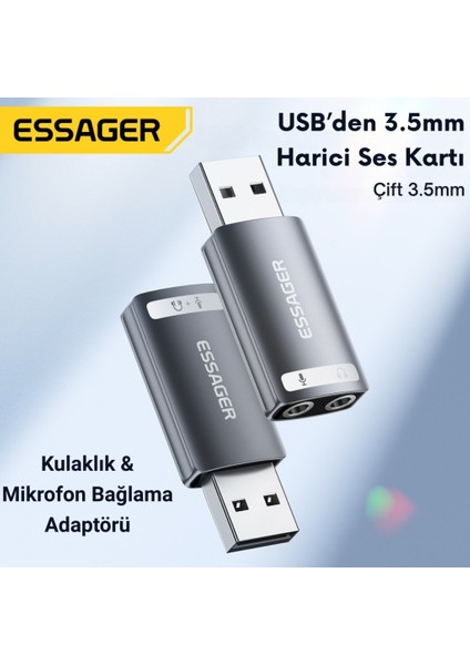 2in1 USB To 2x 3.5mm Aux Çevirici Adaptör, Kulaklık ve Mikforon Çevirici, Harici Ses Kartı