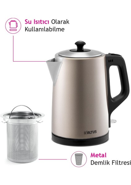 AL-795 Çay Makinesi 1,2 l Demlik 1,7 l Su Isıtıcı Paslanmaz Çelik Krem Renk Sıcak Tutma Özellikli