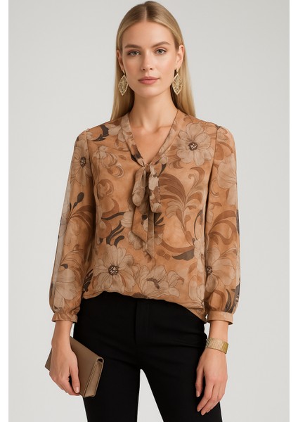 Kadın Kahverengi Şifon Bluz Gömlek – Fular Detaylı Desenli Model modelleri