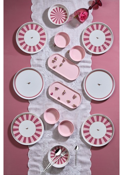 Lovely Birds Kahvaltı Takımı 14 Parça 6 Kişilik Pembe Beyaz Seramik Set