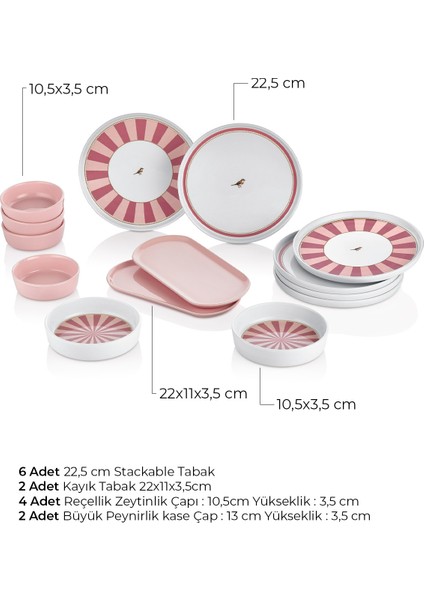 Lovely Birds Kahvaltı Takımı 14 Parça 6 Kişilik Pembe Beyaz Seramik Set modelleri