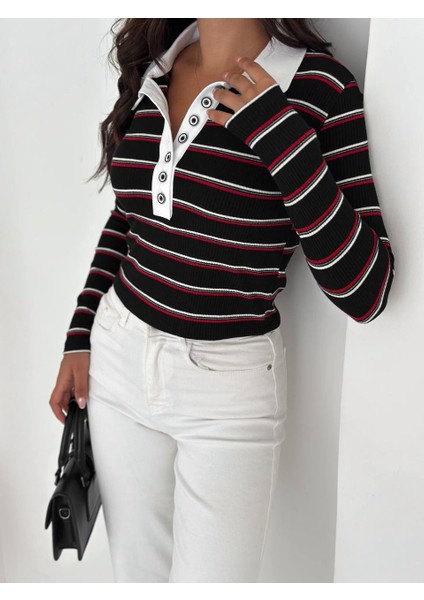 Polo Yaka Çizgili Yumuşak Kazak modelleri