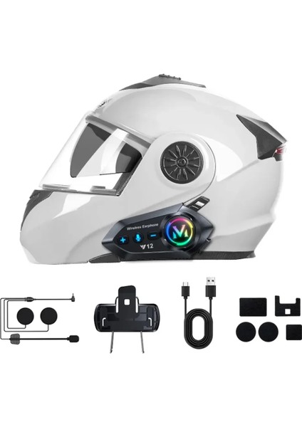 Motorsiklet Rgb Işıklı Kask Interkom Kulaklık Bluetooth 5.3 Çift Telefon Bağlantı Sesli Asistan