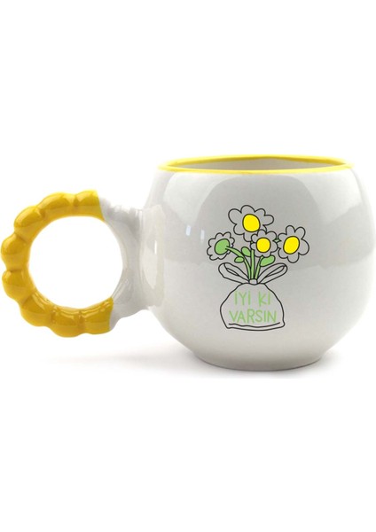 Iyi Ki Varsın Papatya Buketi El Yapımı Krem Parlak Puf Kupa - El Işçiliği Hediyelik Kupa Bardak Mug