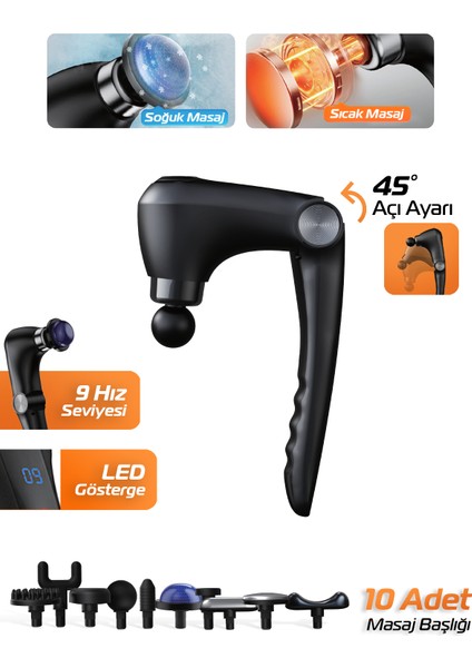 7gmg1 Katlanabilir Sıcak & Soğuk Başlıklı Masaj Aleti – 9 Kademeli, 10 Farklı Başlık, 1800MAH Lityum-Iyon Batarya