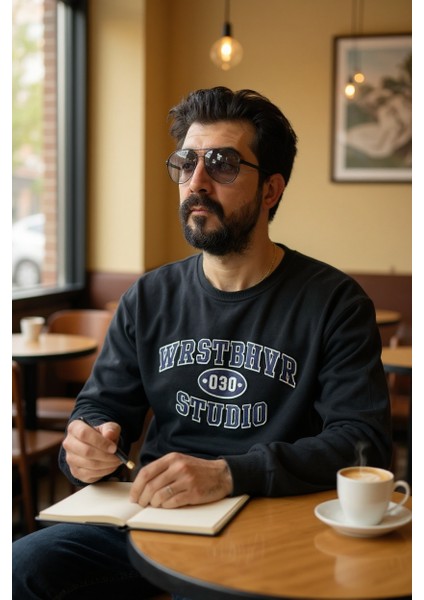 Siyah Bisiklet Yaka Erkek Baskılı Sweatshirt