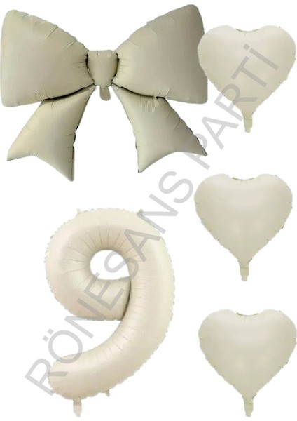 Krem Renk Kalp Fiyonk Rakam Folyo Balon Seti Yaş 8