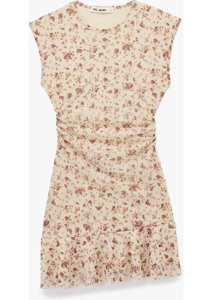 Kolsuz Asimetrik Bisiklet Yaka Drapeli Mini Çiçekli Elbise