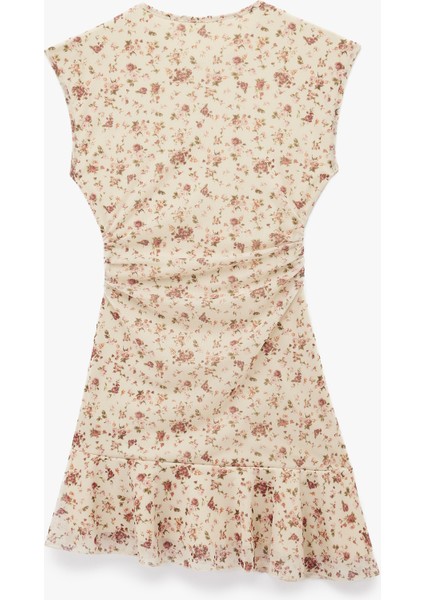 Kolsuz Asimetrik Bisiklet Yaka Drapeli Mini Çiçekli Elbise fiyatları