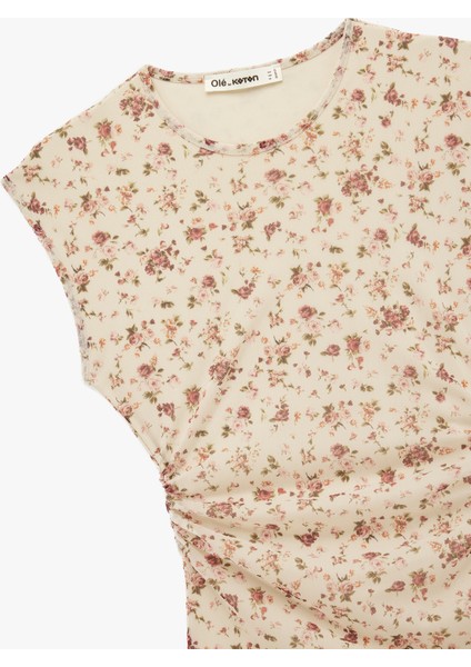 Kolsuz Asimetrik Bisiklet Yaka Drapeli Mini Çiçekli Elbise modelleri