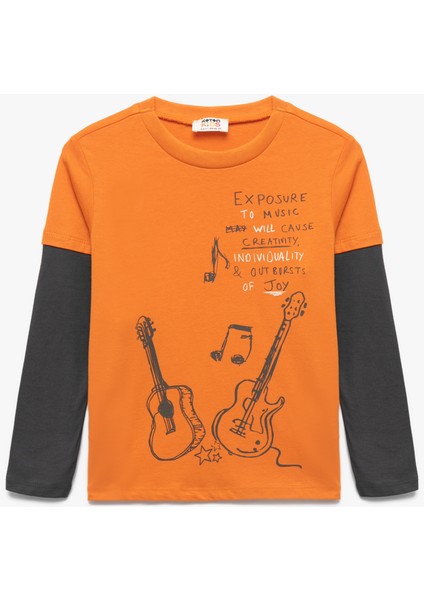 Pamuklu Uzun Kollu Bisiklet Yaka Baskılı Tişört