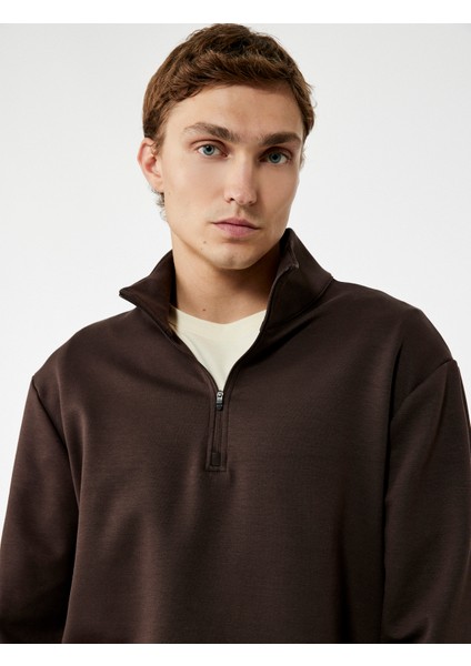 Pamuklu Uzun Kollu Dik Yaka Oversize Yarım Fermuarlı Spor Sweatshirt