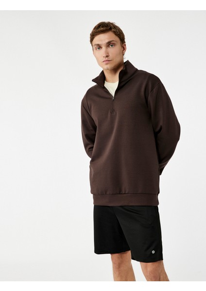 Pamuklu Uzun Kollu Dik Yaka Oversize Yarım Fermuarlı Spor Sweatshirt modelleri