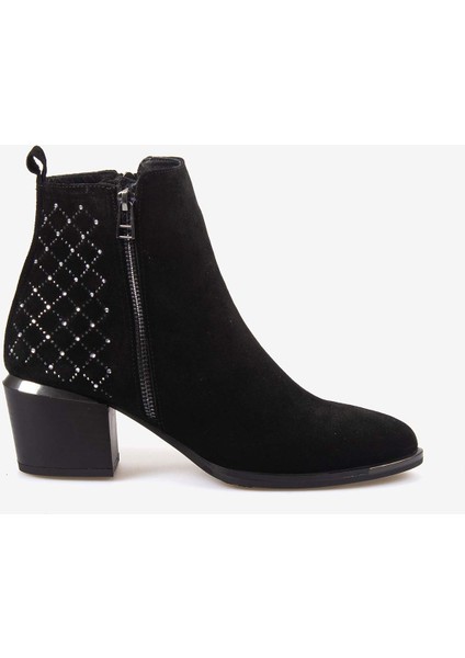 Hakiki Deri Kadın Siyah Süet Fermuarlı Topuklu Bot 26-104759K