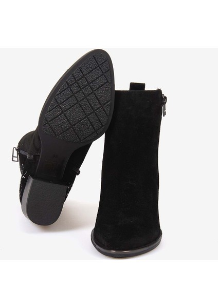 Hakiki Deri Kadın Siyah Süet Fermuarlı Topuklu Bot 26-104759K indirimleri