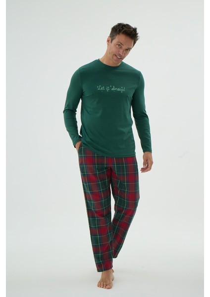 Erkek Uzun Kol Ekose Alt Koyu Yeşil Pijama Takımı C7T4N69