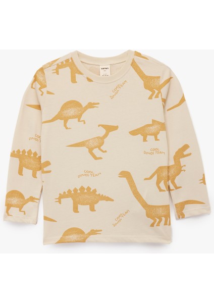 Uzun Kollu Bisiklet Yaka Dinozor Baskılı Pamuklu Tişört