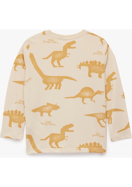 Uzun Kollu Bisiklet Yaka Dinozor Baskılı Pamuklu Tişört fiyatları