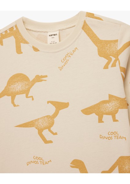 Uzun Kollu Bisiklet Yaka Dinozor Baskılı Pamuklu Tişört modelleri