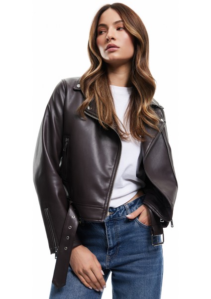 Cepli Uzun Kollu Fermuarlı Kruvaze Suni Deri Biker Ceket