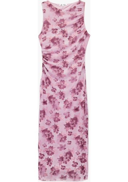 Bisiklet Yaka Kolsuz Drapeli Çiçekli Tül Uzun Elbise