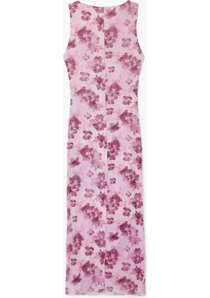 Bisiklet Yaka Kolsuz Drapeli Çiçekli Tül Uzun Elbise fiyatları