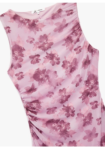 Bisiklet Yaka Kolsuz Drapeli Çiçekli Tül Uzun Elbise modelleri