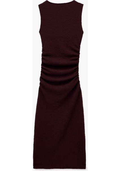 Drape Detaylı Kolsuz Dokulu Bisiklet Yaka Slim Fit Uzun Elbise fiyatları