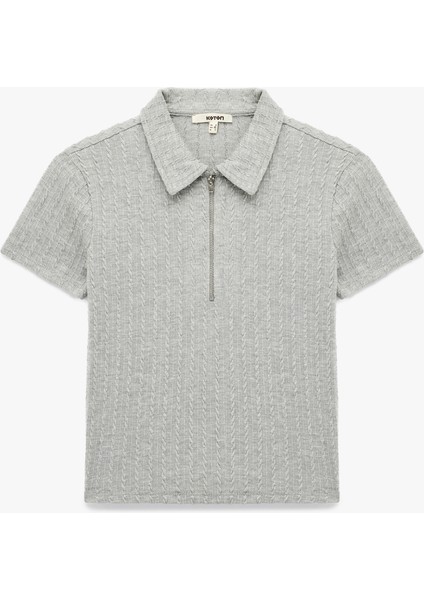 Slim Fit Saç Örgü Dokulu Kısa Kollu Fermuarlı Polo Yaka Tişört