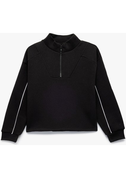 Şardonlu Uzun Kollu Dik Yaka Yarım Fermuarlı Sweatshirt