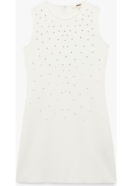 Slim Fit Kolsuz Bisiklet Yaka Taşlı Mini Elbise