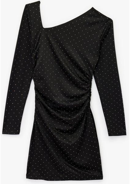 Uzun Kollu Asimetrik Yaka Slim Fit Bodycon Taşlı Mini Abiye Elbise