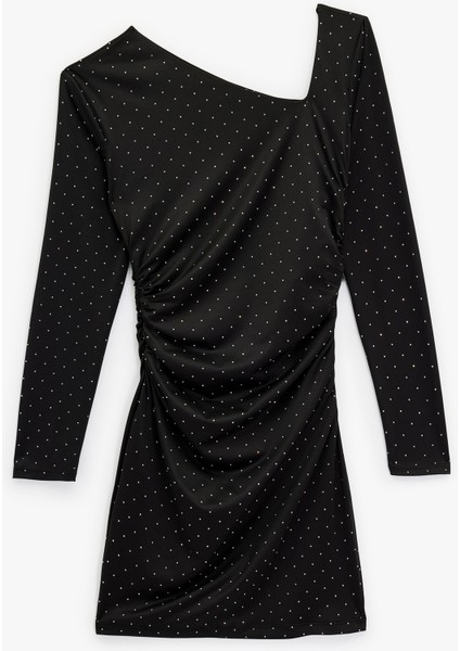Uzun Kollu Asimetrik Yaka Slim Fit Bodycon Taşlı Mini Abiye Elbise fiyatları