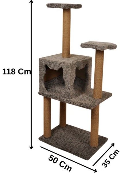 Üç Katlı Yuvalı Lüx Kedi Tırmalama Platformu ve Kedi Oyun Evi Gri 118 cm