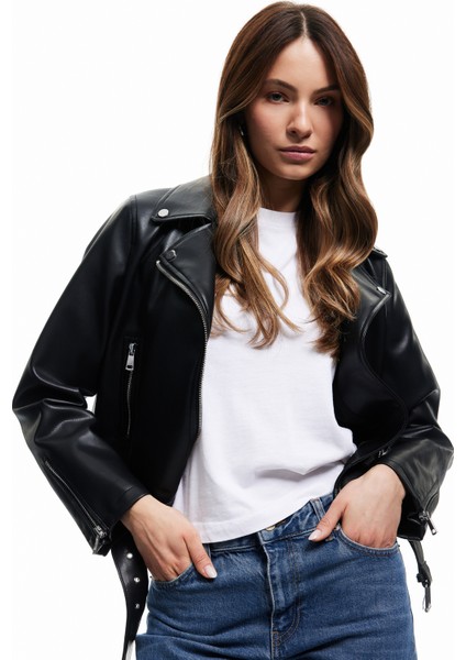 Cepli Uzun Kollu Fermuarlı Kruvaze Suni Deri Biker Ceket