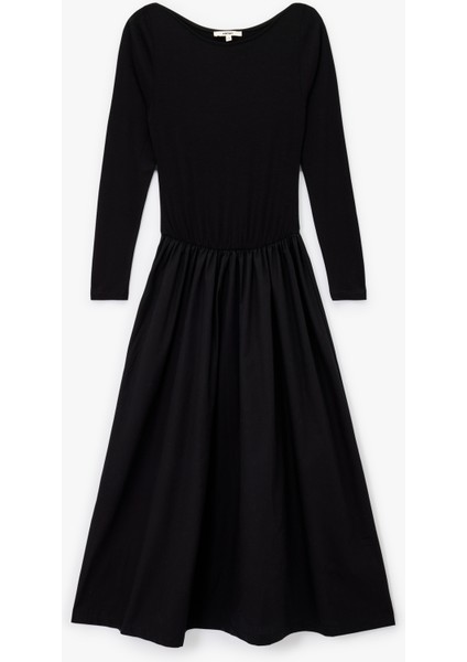 Rahat Kalıp Iki Farklı Kumaş Detaylı Uzun Kollu Geniş Yuvarlak Yaka Midi Kloş Elbise