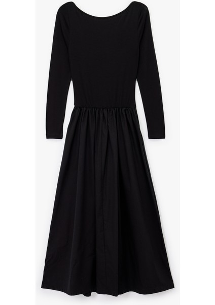 Rahat Kalıp Iki Farklı Kumaş Detaylı Uzun Kollu Geniş Yuvarlak Yaka Midi Kloş Elbise fiyatları