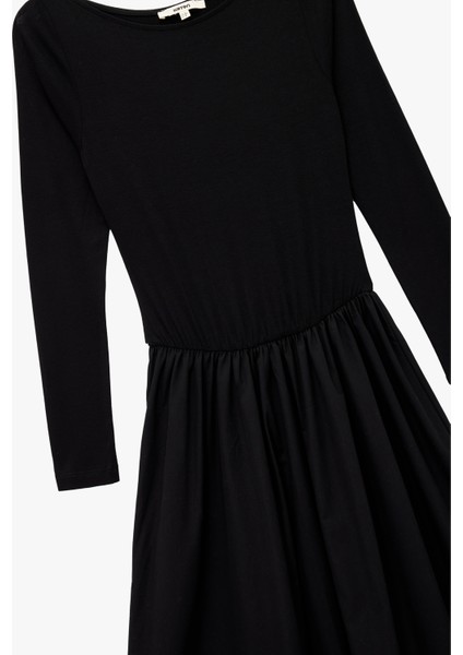 Rahat Kalıp Iki Farklı Kumaş Detaylı Uzun Kollu Geniş Yuvarlak Yaka Midi Kloş Elbise modelleri