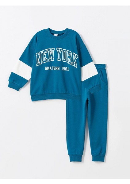 Lcw Kids Petrol Bisiklet Yaka Baskılı Erkek Bebek Sweatshirt ve Pantolon 2'li Takım