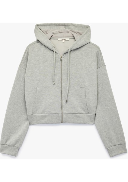 Modal Kumaş Cepli Uzun Kollu Fermuarlı Kapüşonlu Sweatshirt