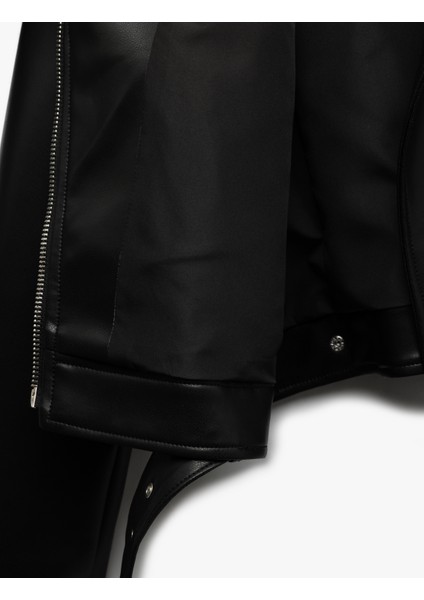 Cepli Uzun Kollu Fermuarlı Kruvaze Suni Deri Biker Ceket