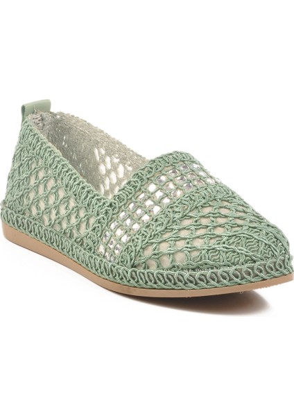 Yeşil Örme Hasır Görünümlü Beyaz Taşlı Kadın Babet