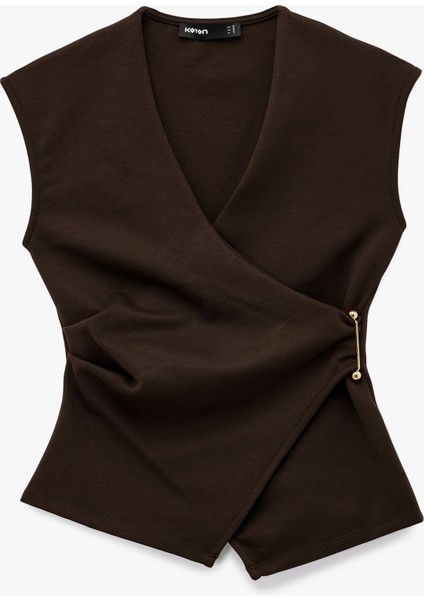 Slim Fit V Yaka Metal Aksesuarlı Kruvaze Yelek
