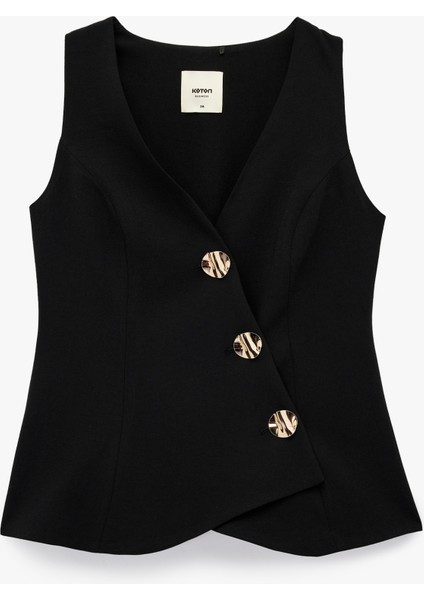 Asimetrik Metal Aksesuarlı Kolsuz Kruvaze Yaka Yelek