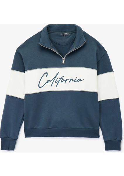 Oversize Şardonlu Renk Bloklu Kolej Baskılı Yarım Fermuarlı Sweatshirt